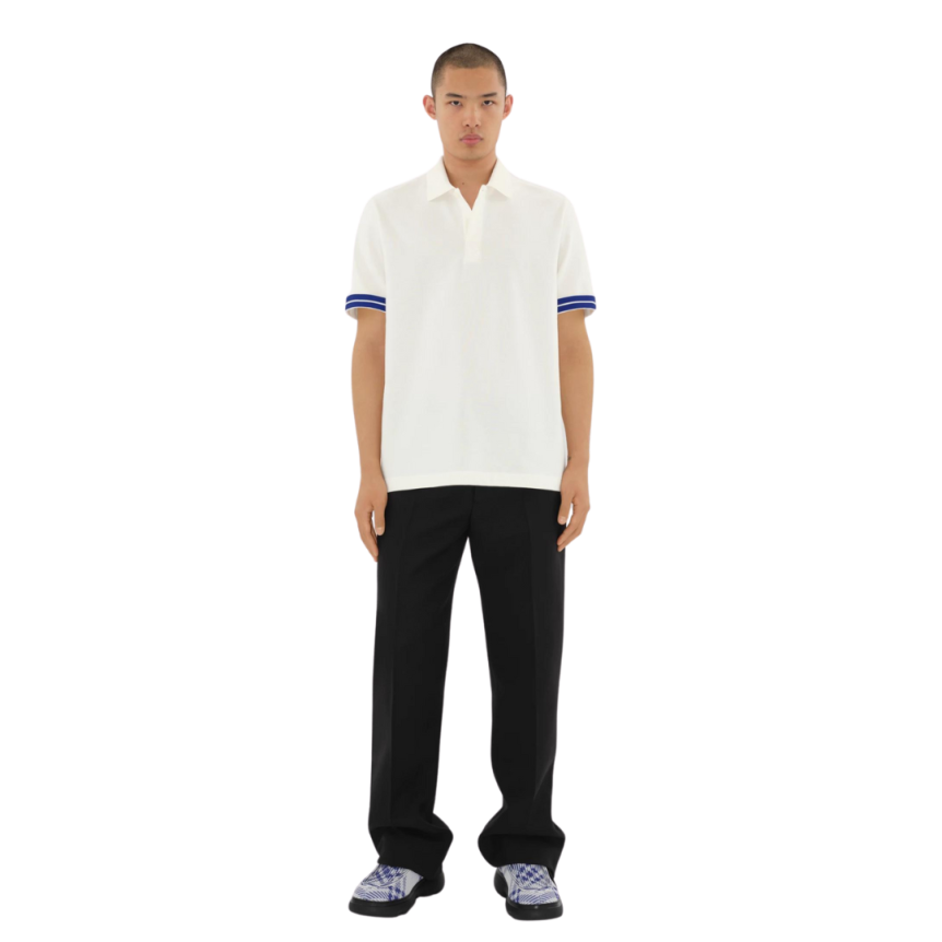 Polo BURBERRY piqué de coton blanc bordure manche courte bleu