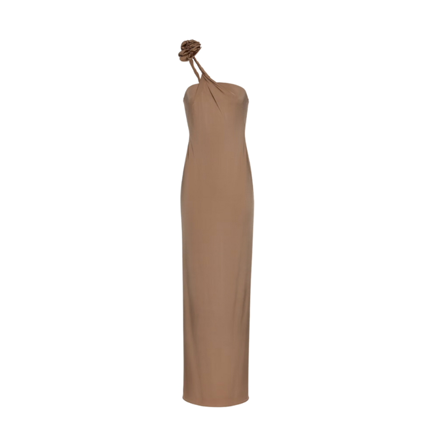 Robe longue MAGDA BUTRYM jersey beige bretelle asymétrique fleur