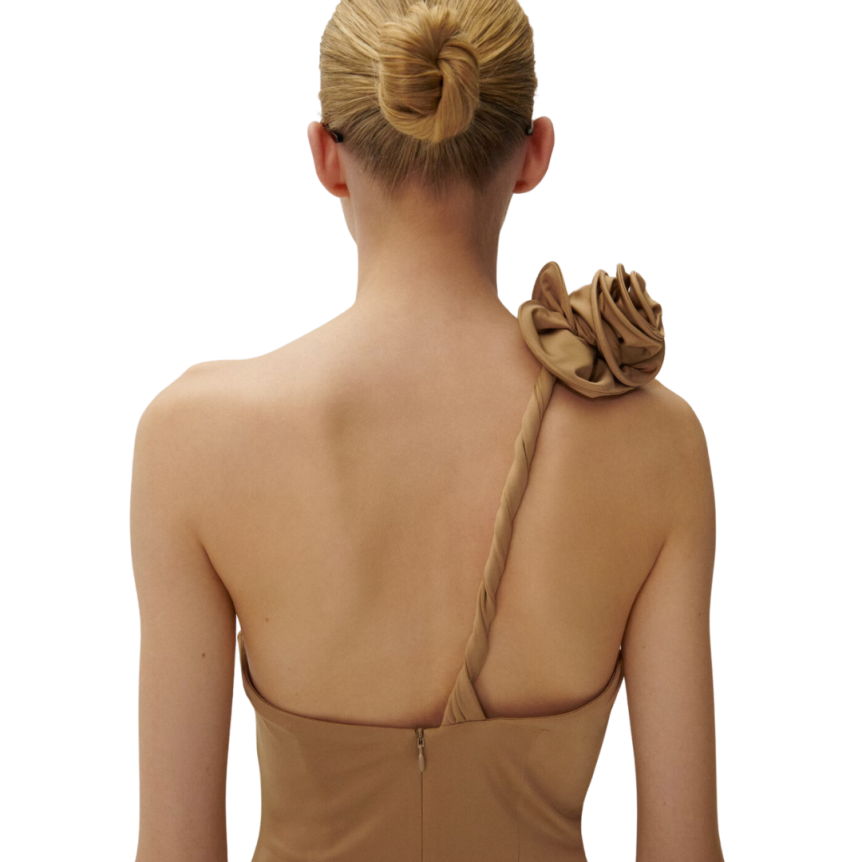 Robe longue MAGDA BUTRYM jersey beige bretelle asymétrique fleur