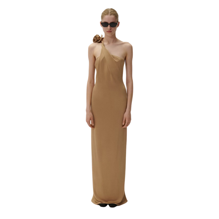 Robe longue MAGDA BUTRYM jersey beige bretelle asymétrique fleur