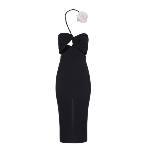 Robe midi découpée bustier noir col fleur tour de cou