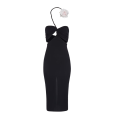 Robe midi découpée bustier noir col fleur tour de cou