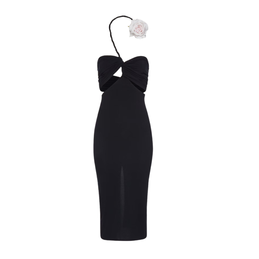 Robe midi découpée bustier noir col fleur tour de cou