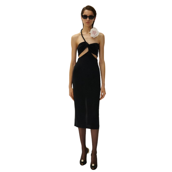 Robe midi découpée bustier noir col fleur tour de cou