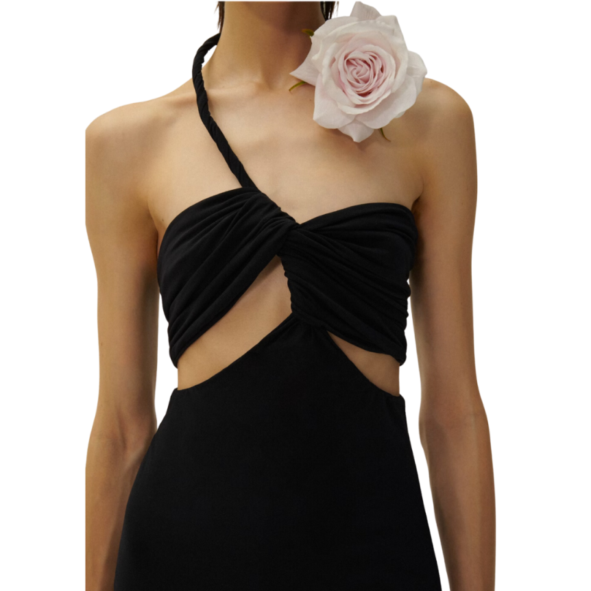 Robe midi découpée bustier noir col fleur tour de cou