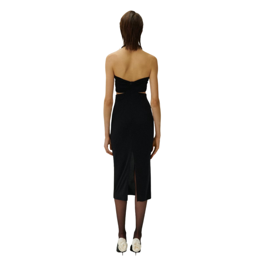 Robe midi découpée bustier noir col fleur tour de cou