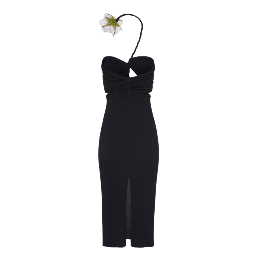 Robe midi découpée bustier noir col fleur tour de cou