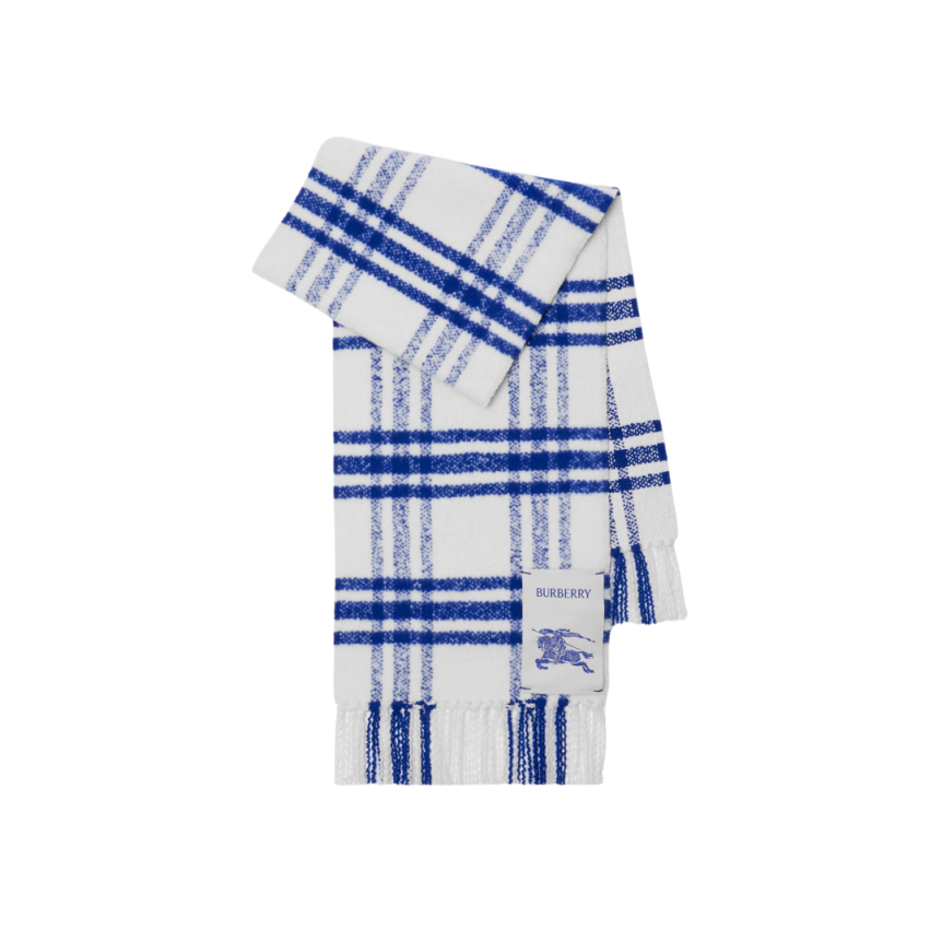 Écharpe en laine BURBERRY blanc à carreaux bleu chevalier franges
