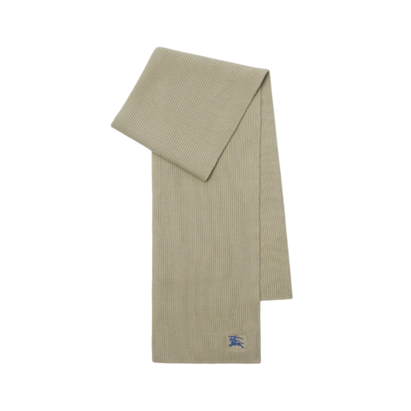 BURBERRY Écharpe en cachemire côtelé beige broderie chevalier