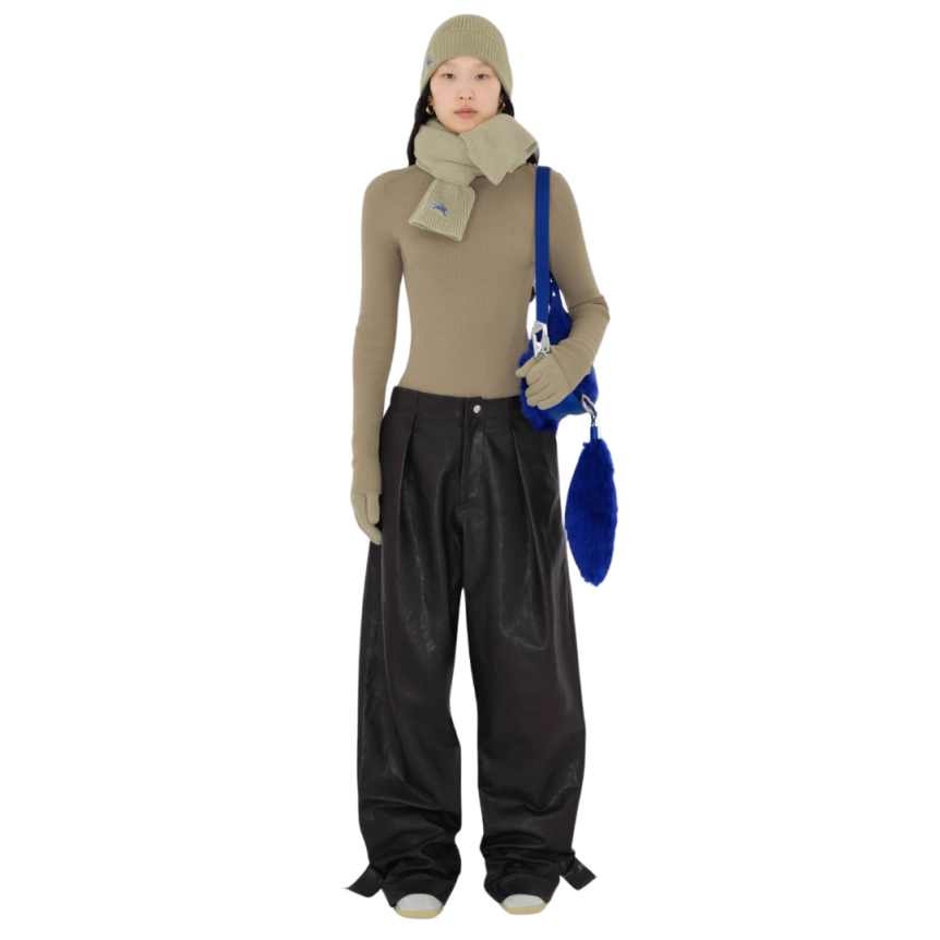 BURBERRY Écharpe en cachemire côtelé beige broderie chevalier