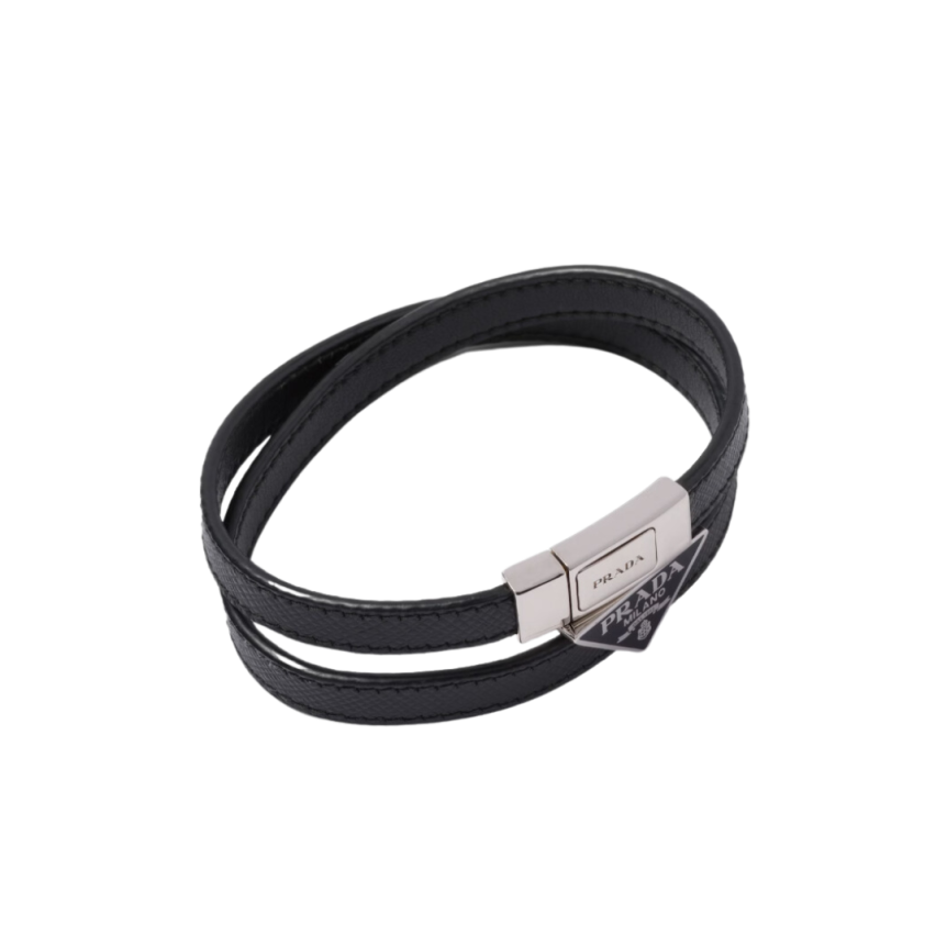 Double bracelet PRADA cuir noir double logo triangle métal