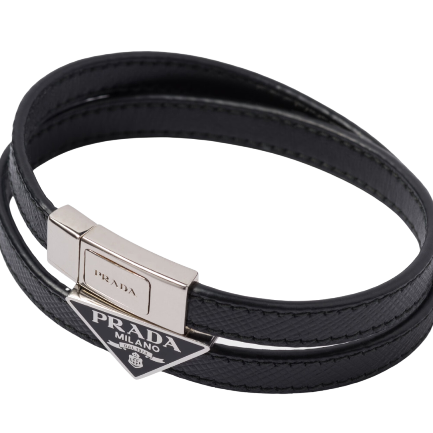 Double bracelet PRADA cuir noir double logo triangle métal