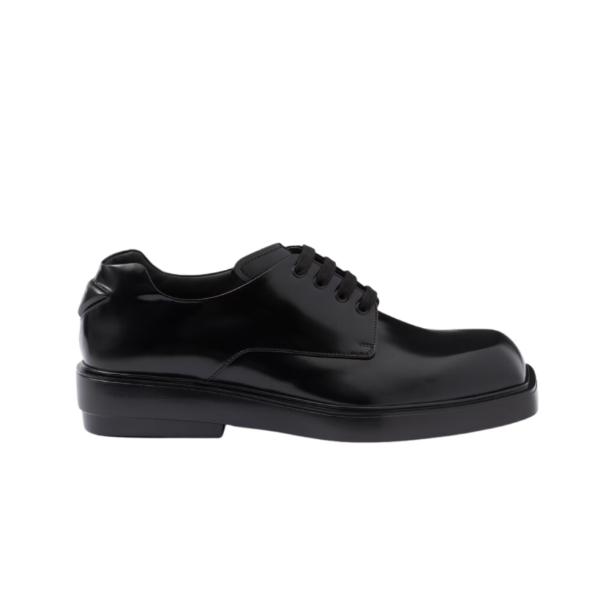 Derbies à lacets PRADA bout carré cuir noir logo triangle