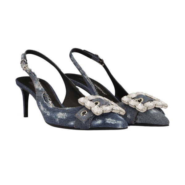 DOLCE & GABBANA Escarpins Slingback jeans denim patchwork bleu boucle strass