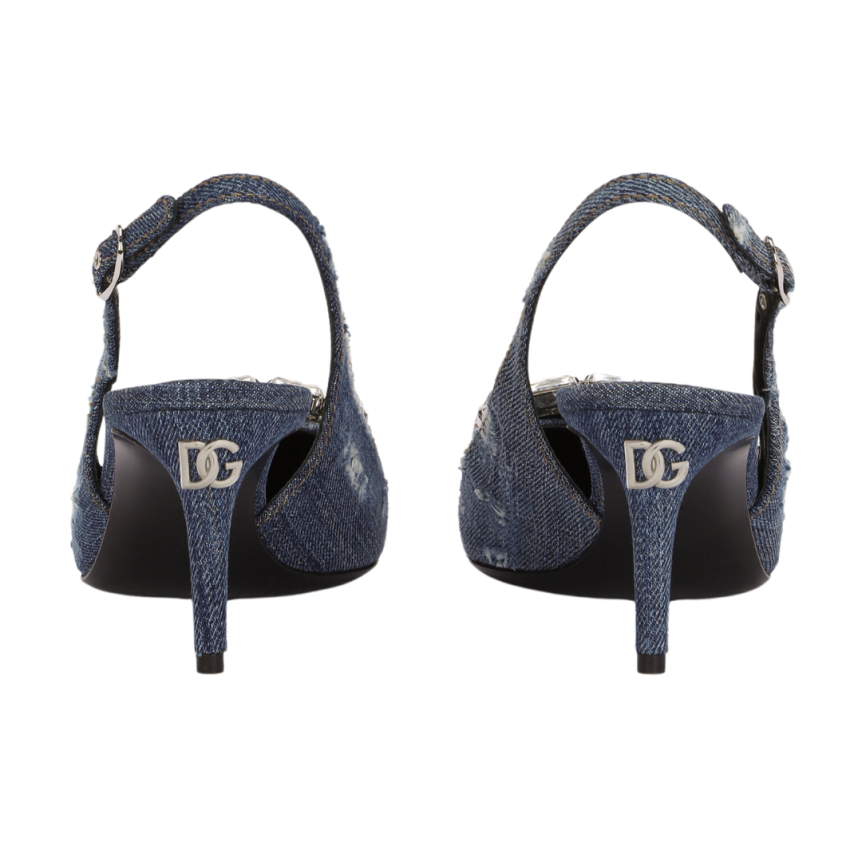 DOLCE & GABBANA Escarpins Slingback jeans denim patchwork bleu boucle strass