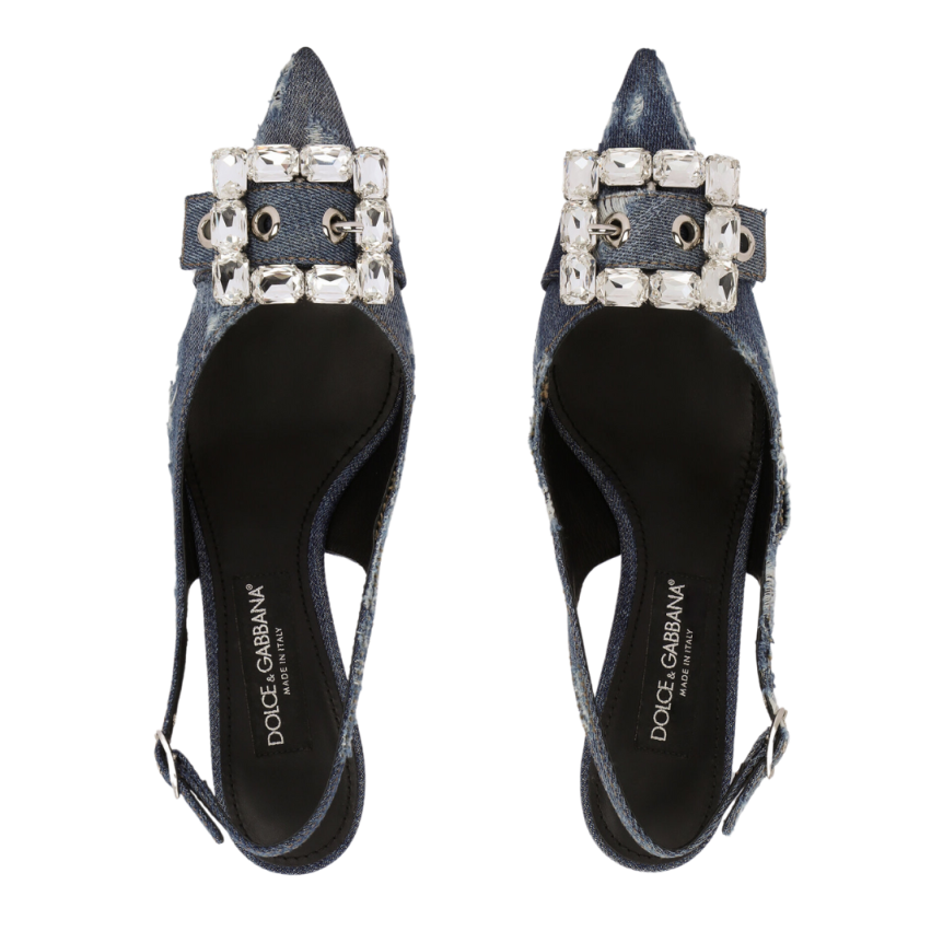 DOLCE & GABBANA Escarpins Slingback jeans denim patchwork bleu boucle strass