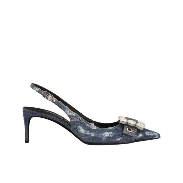 DOLCE & GABBANA Escarpins Slingback jeans denim patchwork bleu boucle strass