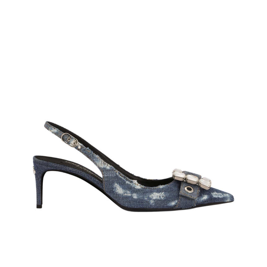 DOLCE & GABBANA Escarpins Slingback jeans denim patchwork bleu boucle strass