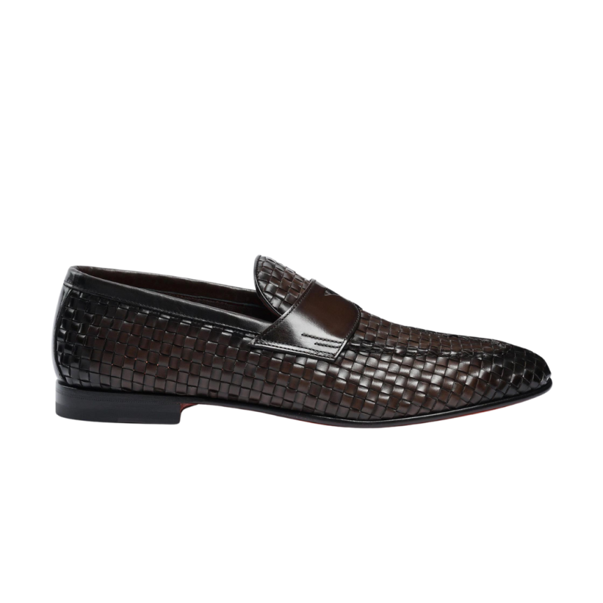 Mocassins SANTONI Penny cuir marron chocolat tressé