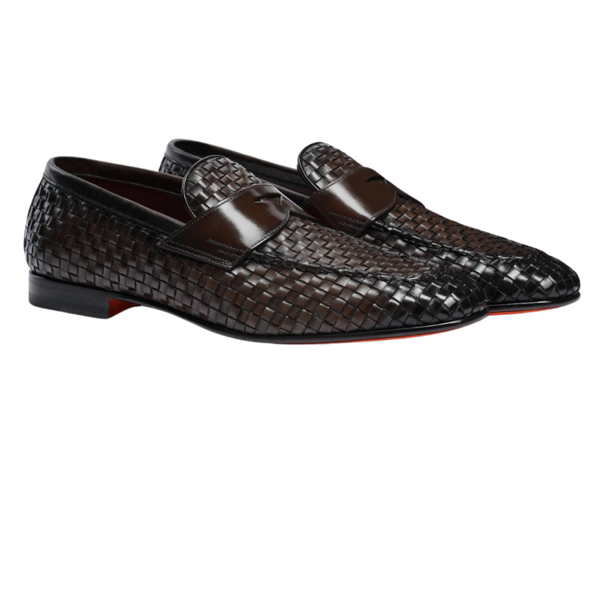 Mocassins SANTONI Penny cuir marron chocolat tressé