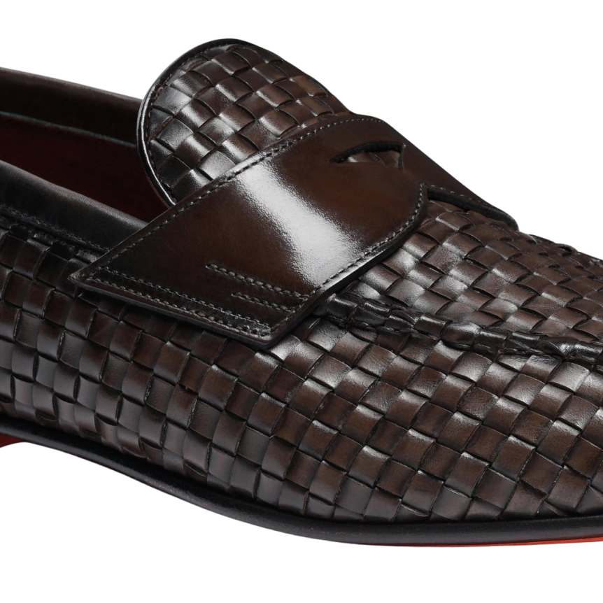 Mocassins SANTONI Penny cuir marron chocolat tressé