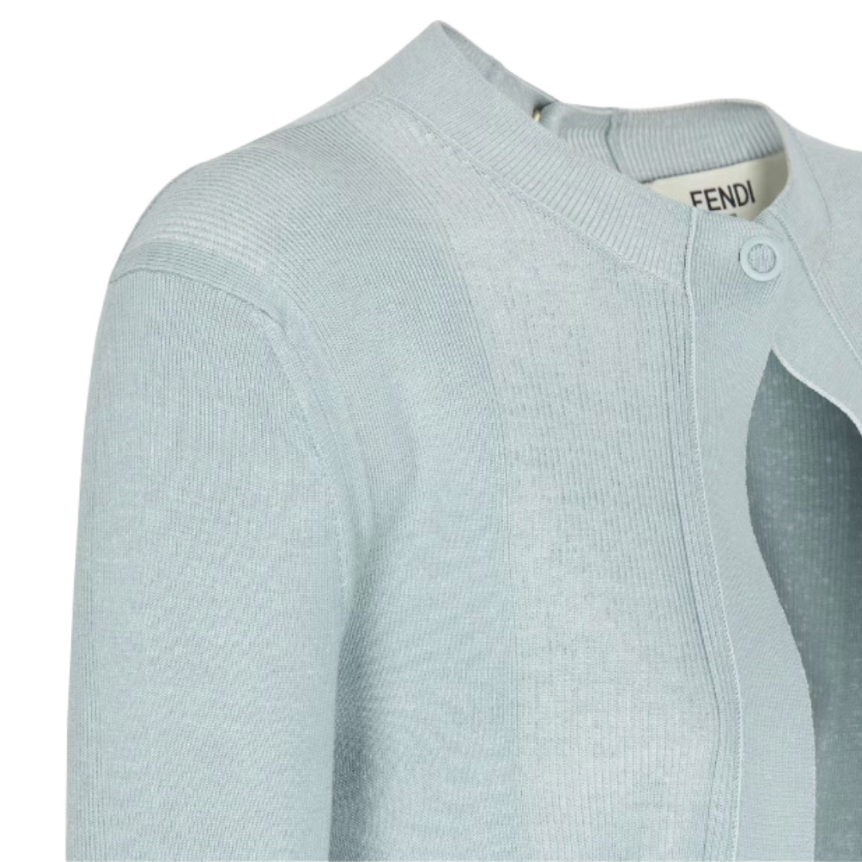 Cardigan FENDI bouton ouvert maille côtelé laine coton bleu clair