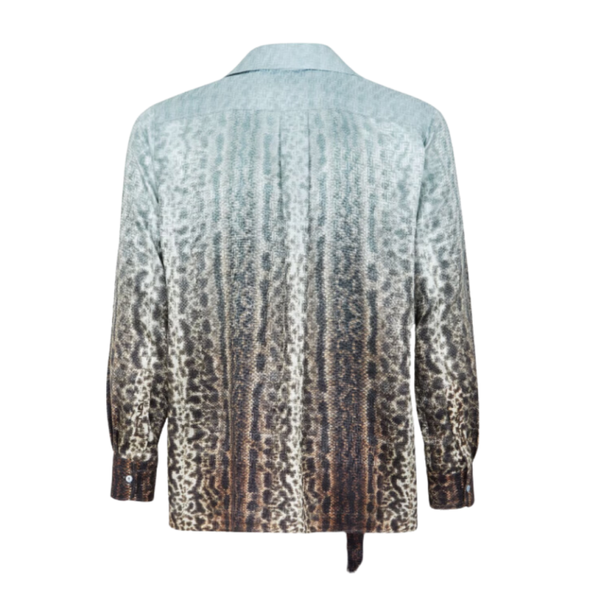 Chemise FENDI col v soie dégradé bleu clair marron micro motif FF