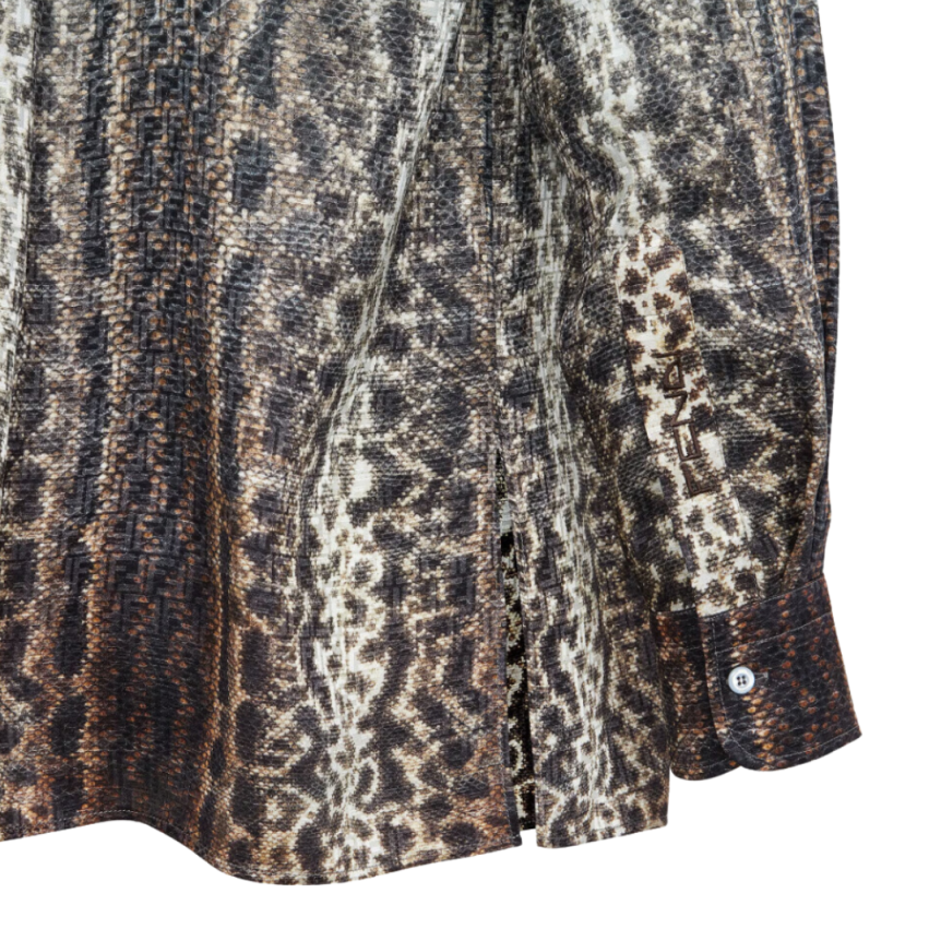 Chemise FENDI col v soie dégradé bleu clair marron micro motif FF