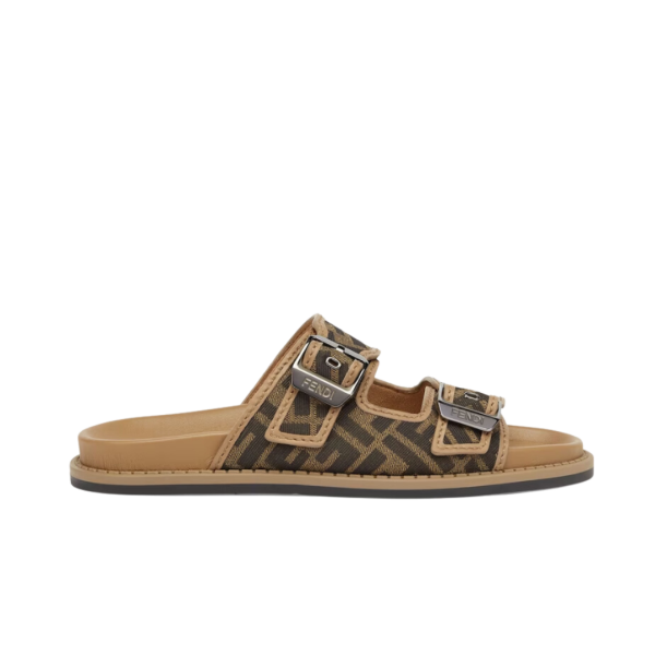 Sandales à brides FENDI boucle cuir camel tissu jacquard FF marron