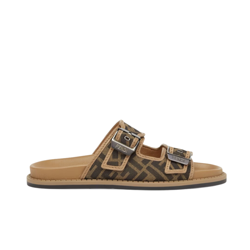 Sandales à brides FENDI boucle cuir camel tissu jacquard FF marron