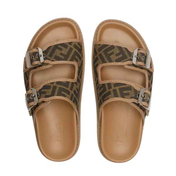 Sandales à brides FENDI boucle cuir camel tissu jacquard FF marron