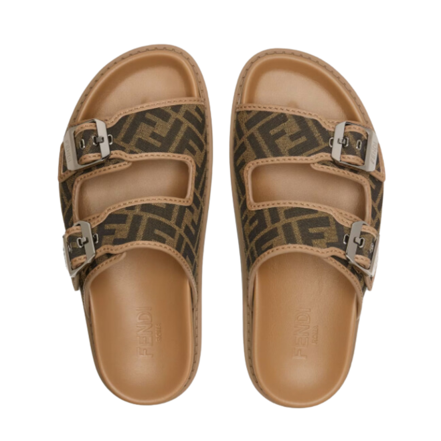 Sandales à brides FENDI boucle cuir camel tissu jacquard FF marron