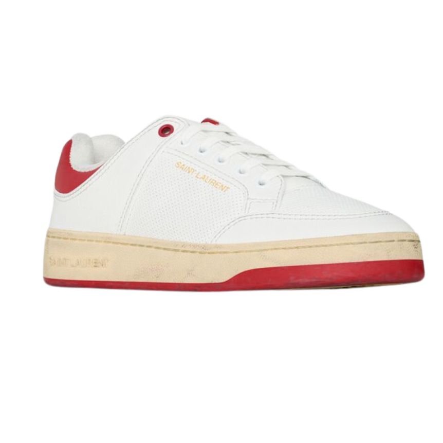 baskets basses SAINT LAURENT 61 cuir blanc rouge semelle effet usé