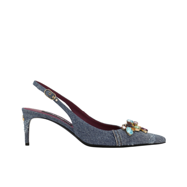 Slingback DOLCE & GABBANA denim patchwork ornements cristaux multicolore