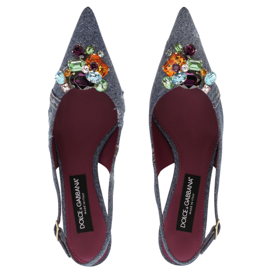 Slingback DOLCE & GABBANA denim patchwork ornements cristaux multicolore