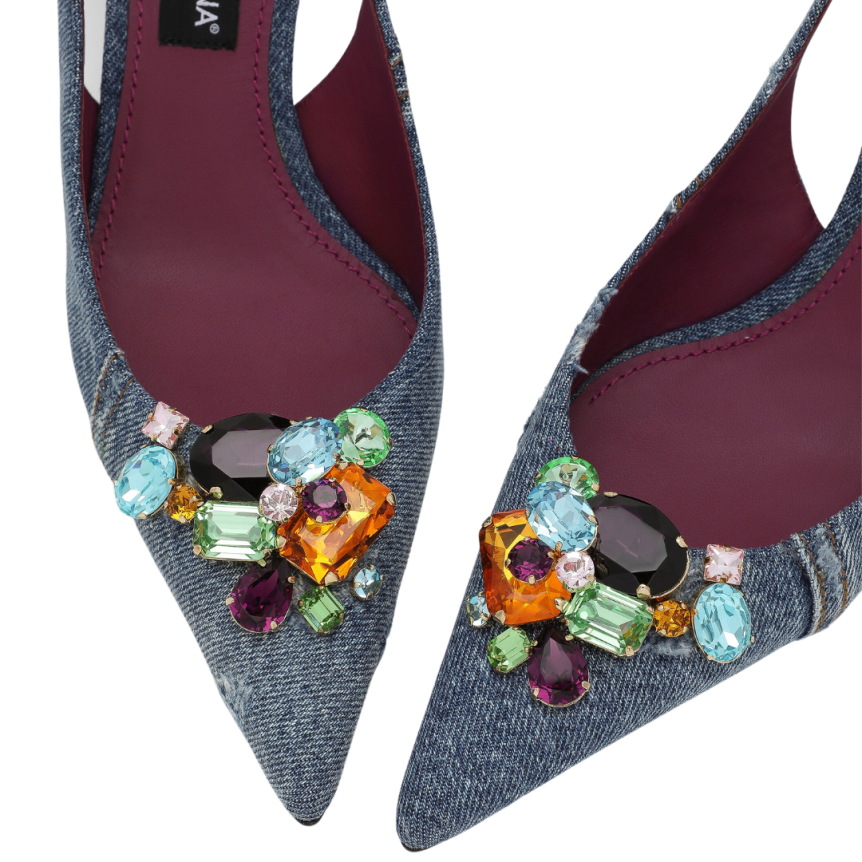 Slingback DOLCE & GABBANA denim patchwork ornements cristaux multicolore
