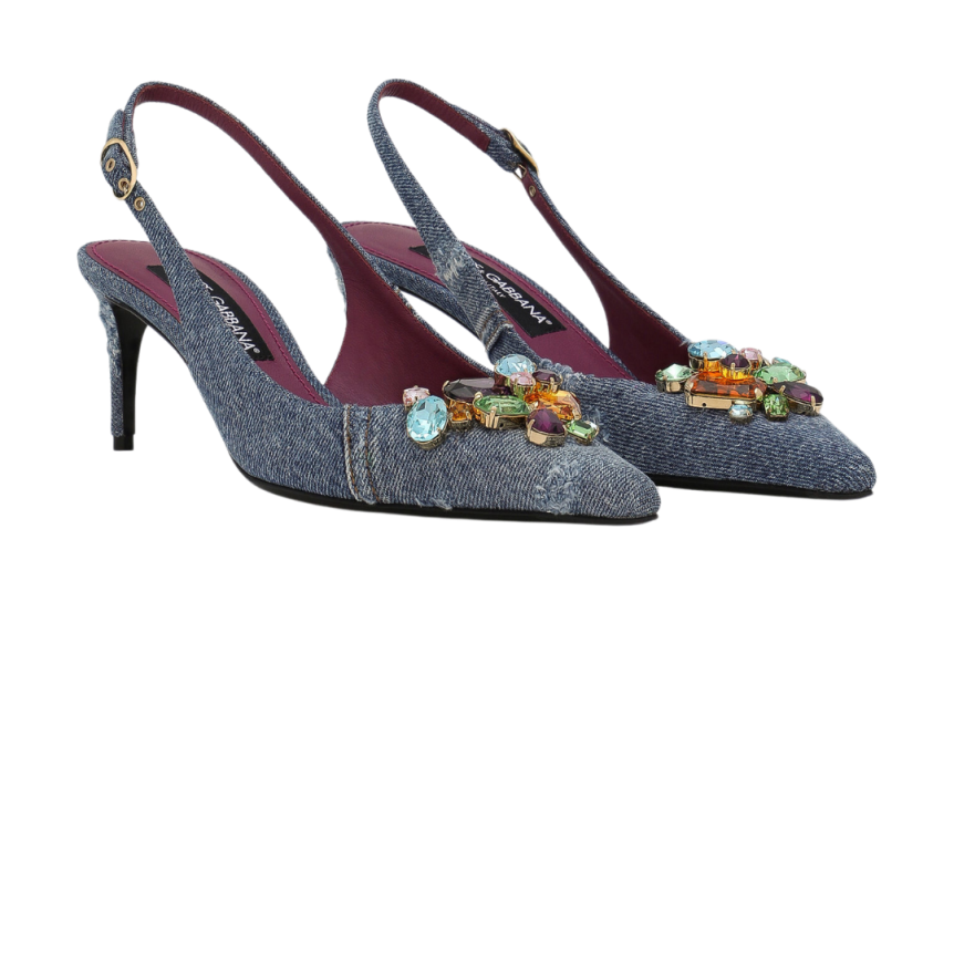 Slingback DOLCE & GABBANA denim patchwork ornements cristaux multicolore