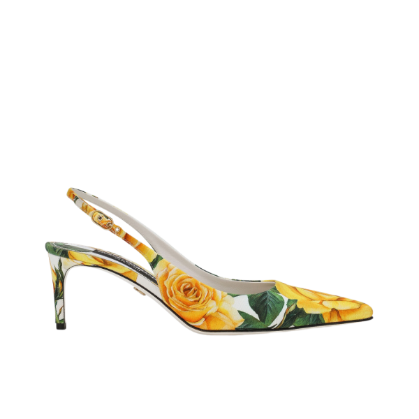 Slingback DOLCE & GABBANA gabardine blanc imprimé roses jaunes