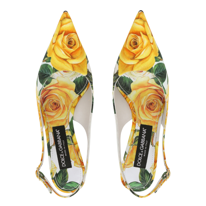 Slingback DOLCE & GABBANA gabardine blanc imprimé roses jaunes