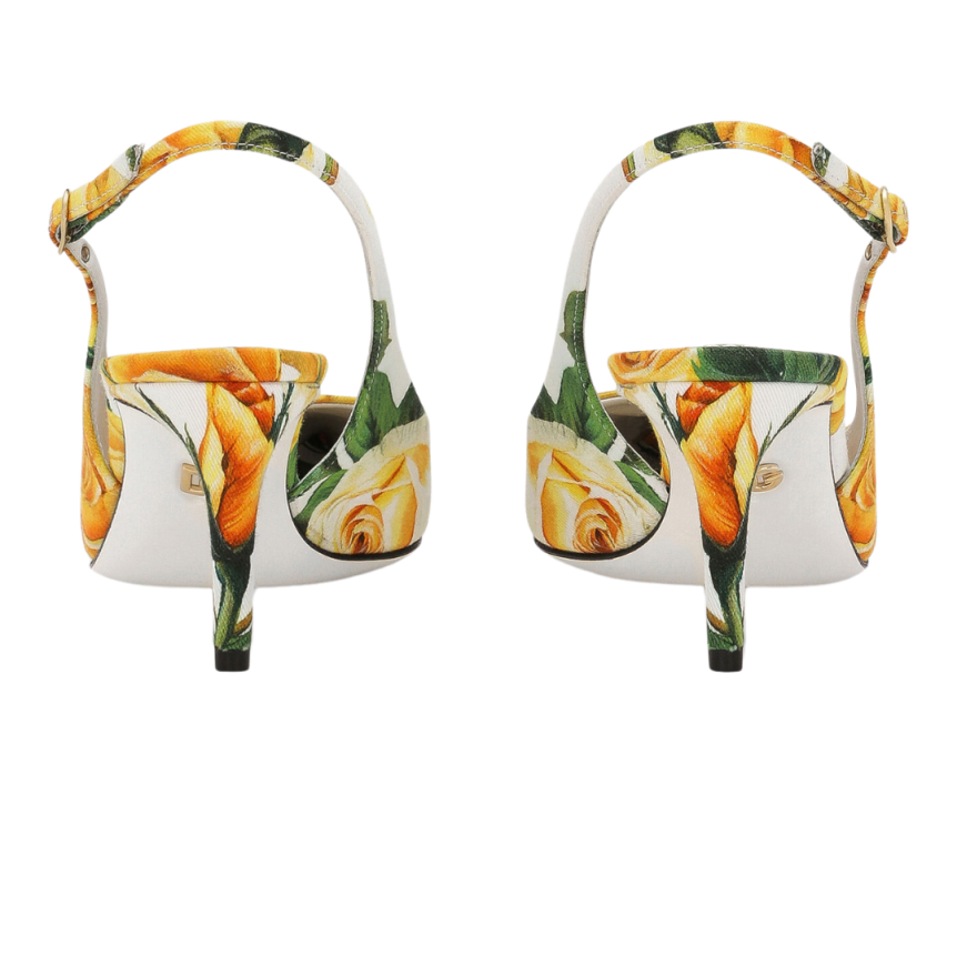 Slingback DOLCE & GABBANA gabardine blanc imprimé roses jaunes
