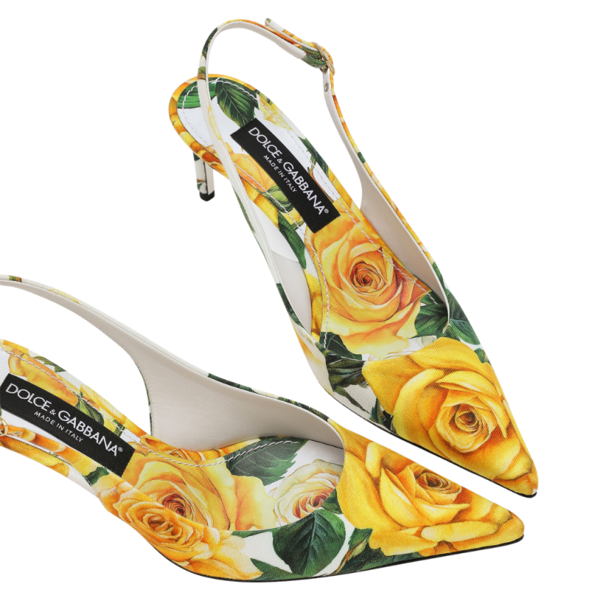 Slingback DOLCE & GABBANA gabardine blanc imprimé roses jaunes
