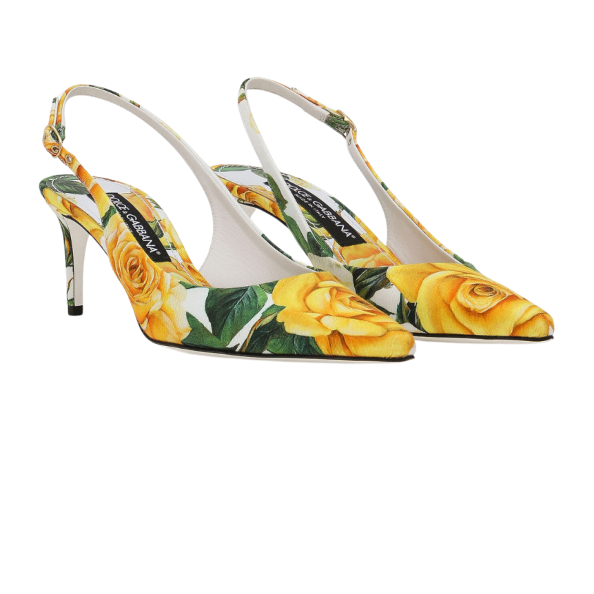 Slingback DOLCE & GABBANA gabardine blanc imprimé roses jaunes