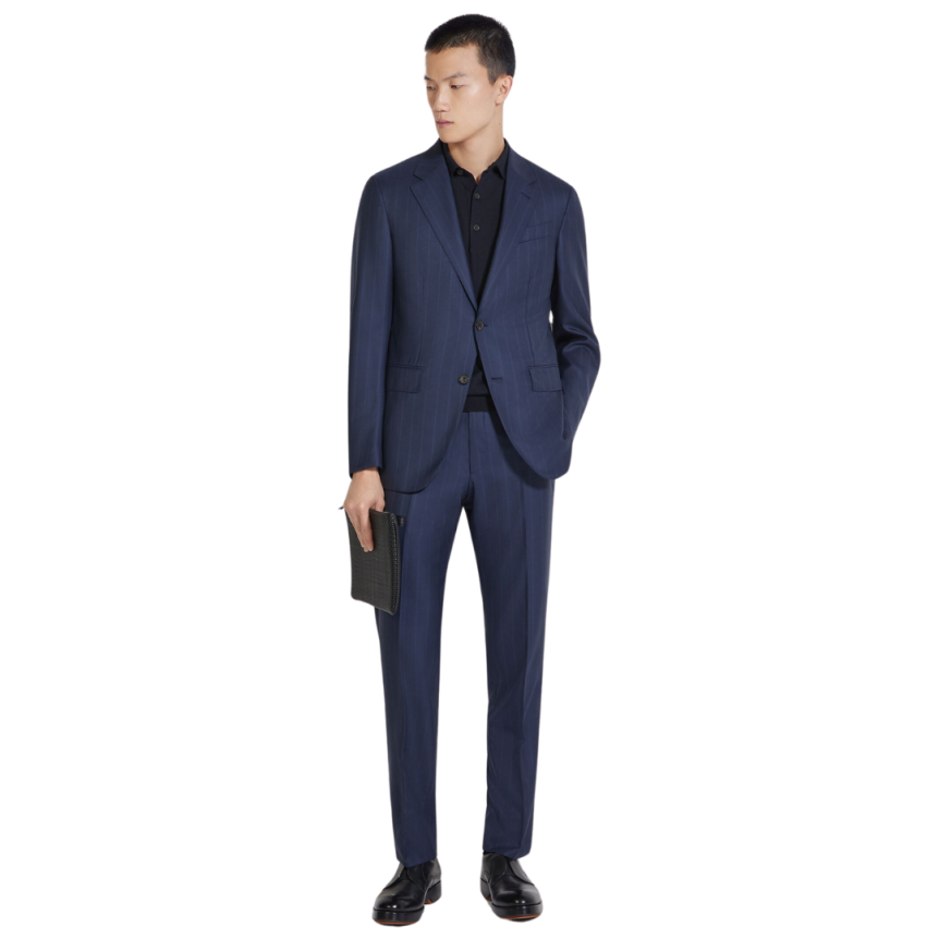 Costume ZEGNA laine bleu marine fines rayures bleu ciel