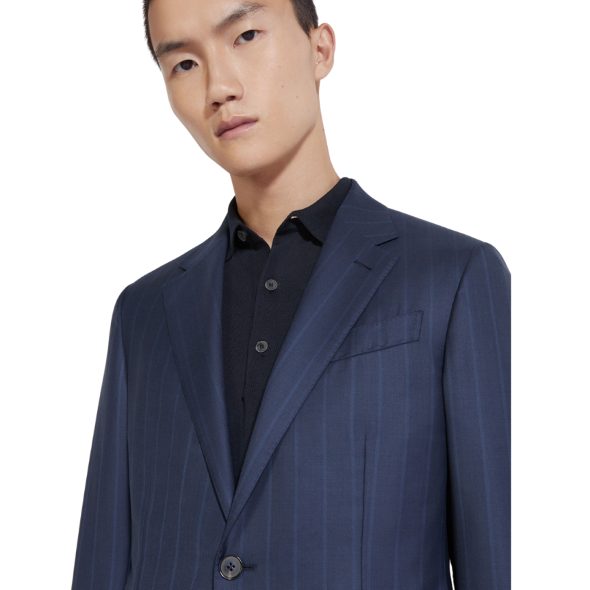 Costume ZEGNA laine bleu marine fines rayures bleu ciel