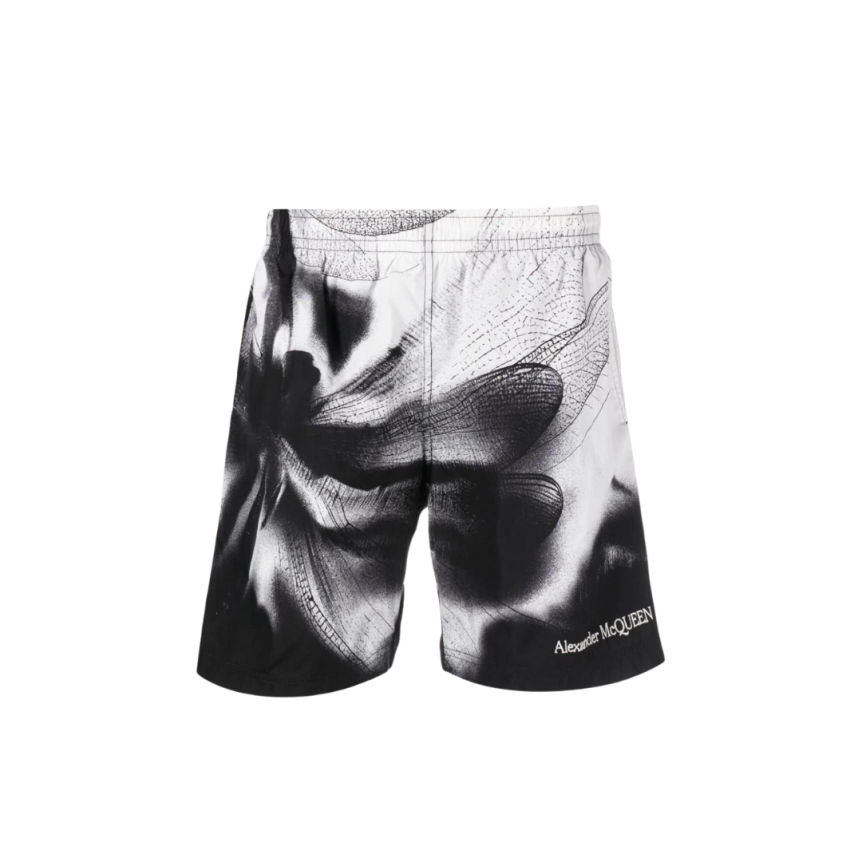 short de bain ALEXANDER MCQUEEN blanc imprimé Dragonfly libellule noire