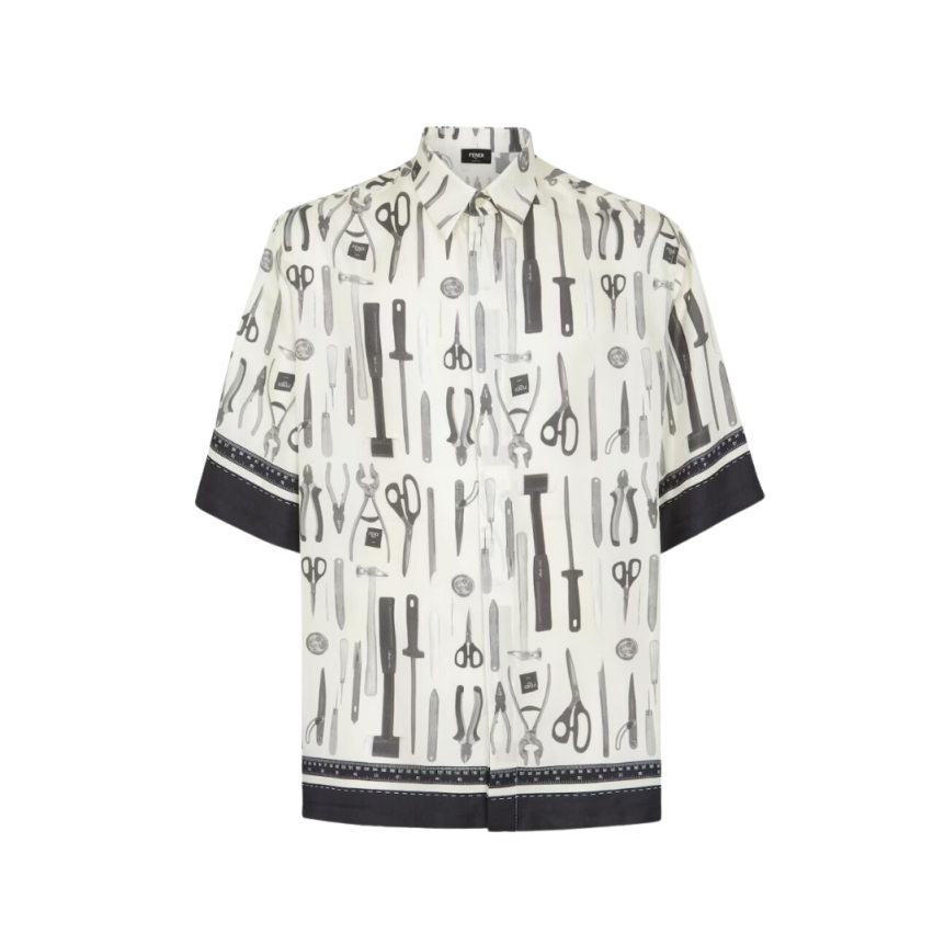 Chemise manches courtes soie blanc imprimé Fendi Tools