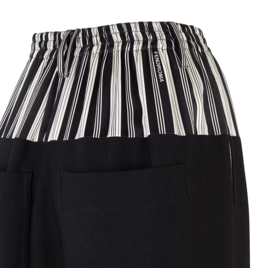 Pantalon cigarette FENDI taille élastique laine noire basque satin rayures