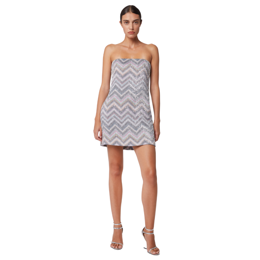 Mini-robe bustier MISSONI viscose mélangée argent zig zag paillettes