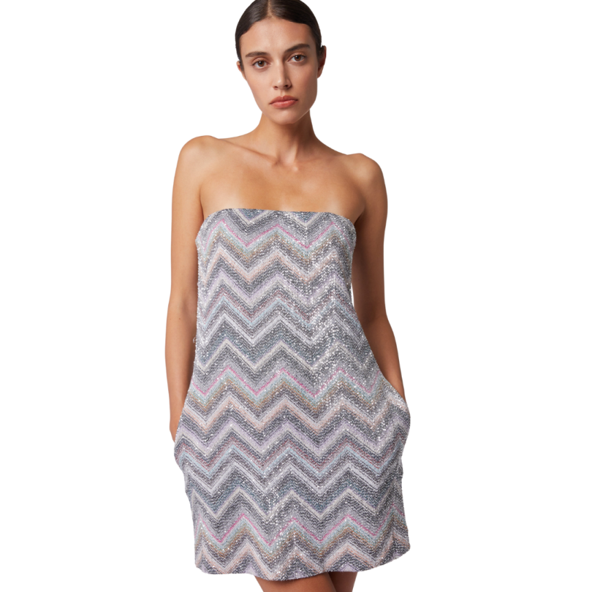 Mini-robe bustier MISSONI viscose mélangée argent zig zag paillettes