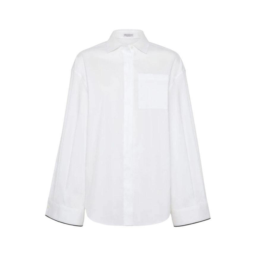 chemise BRUNELLO CUCINELLI manche évasée popeline coton blanc bordure noire